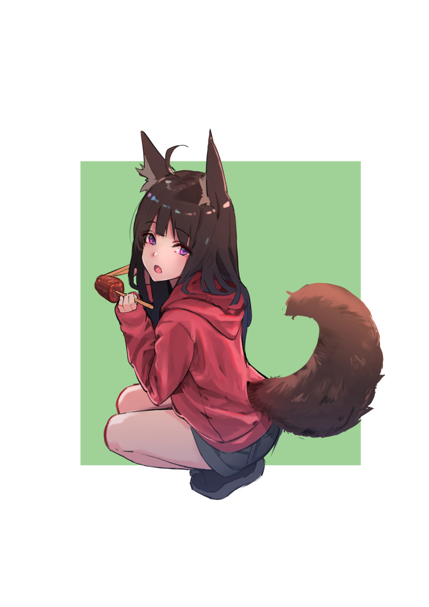 :o absurdres animal_ears bad_id bad_pixiv_id bangs black_footwear black_shorts blunt_bangs blush brown_hair eyebrows_visible_through_hair fang food fox_ears fox_tail from_side full_body green_background highres hood hooded_jacket jacket long_sleeves looking_at_viewer looking_to_the_side meat nekojira open_mouth original purple_eyes red_jacket shiny shiny_hair shorts sleeves_past_wrists solo squatting tail tail_cutout two-tone_background