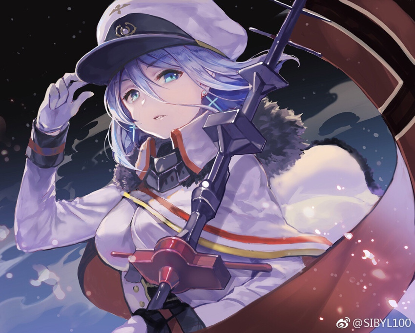 azur_lane blue_eyes blue_hair breasts earrings eyebrows_visible_through_hair flag gloves hair_between_eyes hand_on_headwear hat holding jewelry large_breasts long_hair long_sleeves looking_at_viewer military military_uniform parted_lips peaked_cap sibyl snow solo tirpitz_(azur_lane) uniform weibo_username white_gloves white_hat