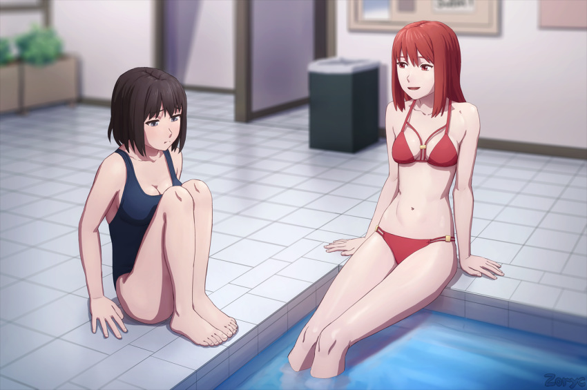:d :t artist_name bangs bare_legs bare_shoulders barefoot bikini black_eyes black_swimsuit blurry breasts brown_hair bulletin_board cleavage closed_mouth collarbone depth_of_field eyebrows_visible_through_hair indoors knees_up legs_together long_hair medium_breasts multiple_girls navel on_floor one-piece_swimsuit open_mouth original plant pool potted_plant pout red_bikini red_eyes red_hair short_hair sitting smile soaking_feet swimsuit tile_floor tiles trash_can zoryc