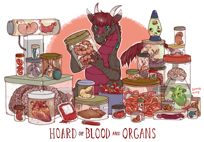 ambiguous_gender creepy dragon feral front_view gore happy heart_(organ) hoard holding_object horn iguanamouth intestines kidney long_tail lung multi_eye proud scalie signature simple_background sitting smile solo text tongue