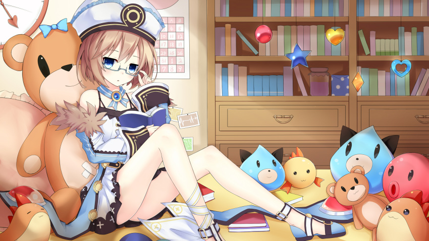 absurdres ass bare_legs bare_shoulders blanc blue_eyes book bookshelf brown_hair coat commentary_request dogoo dress fur_trim glasses hat highres holding holding_book indoors knees_up leaning_back leaning_on_object legs long_sleeves looking_at_viewer neptune_(series) open_mouth poinia short_hair solo spaghetti_strap stuffed_animal stuffed_toy teddy_bear thighs white_dress wide_sleeves