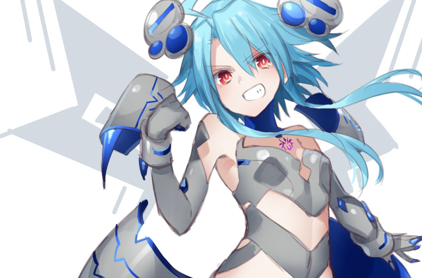 bare_shoulders blancpig_yryr blue_hair clenched_hand elbow_gloves gloves grin highres looking_at_viewer midriff nepnep_connect:_chaos_chanpuru neptune_(series) power_symbol red_eyes short_hair_with_long_locks smile solo symbol-shaped_pupils tattoo white_heart_(chaos_form) work_in_progress