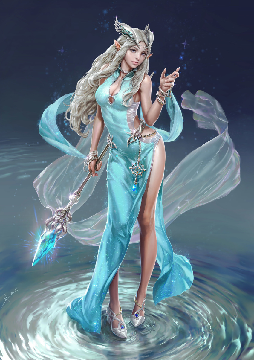 aqua_dress bangle blue_eyes bracelet breasts cleavage commentary dress elf english_commentary full_body gem grey_hair hagoromo headgear highres hip_vent jewelry lips long_dress long_hair medium_breasts nose original pointy_ears pumps realistic ring seunghee_lee shawl sheer_clothes side_slit solo staff walking walking_on_liquid water