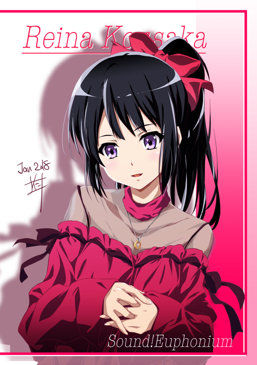 :d black_hair black_ribbon bow character_name collarbone copyright_name hair_bow hands_together hibike!_euphonium high_ponytail highres jewelry kousaka_reina long_hair looking_at_viewer necklace nii_manabu open_mouth purple_eyes red_bow red_shirt ribbon see-through shirt side_ponytail smile solo upper_body