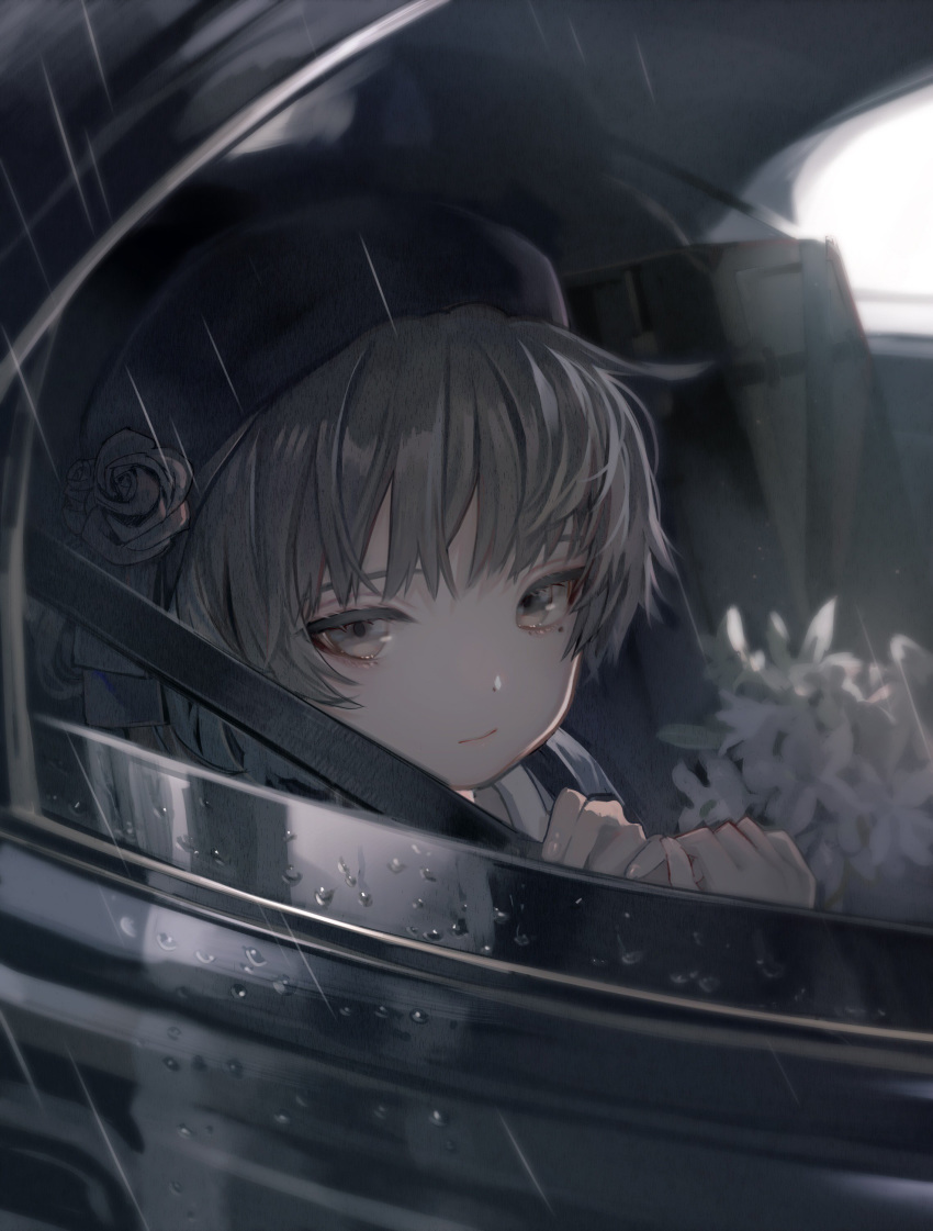 absurdres bangs beret black_hat black_ribbon brown_eyes brown_hair car_interior closed_mouth commentary_request day fingernails flower hair_flower hair_ornament hat hatoba_tsugu hatoba_tsugu_(character) highres holding looking_at_viewer mole mole_under_eye outdoors rain ribbon rose seatbelt solo ukai_saki virtual_youtuber water_drop white_flower
