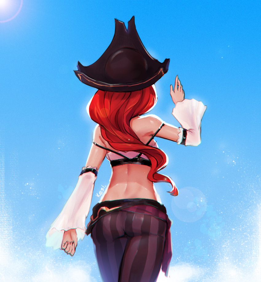 arm_at_side arm_up artist_name ass back bare_back bare_shoulders black_hat blue_sky day derivative_work detached_sleeves facing_away hat kezi league_of_legends lens_flare long_hair long_sleeves outdoors pants pirate_hat purple_pants red_hair sarah_fortune sky solo strap_slip striped sun sunlight vertical-striped_pants vertical_stripes