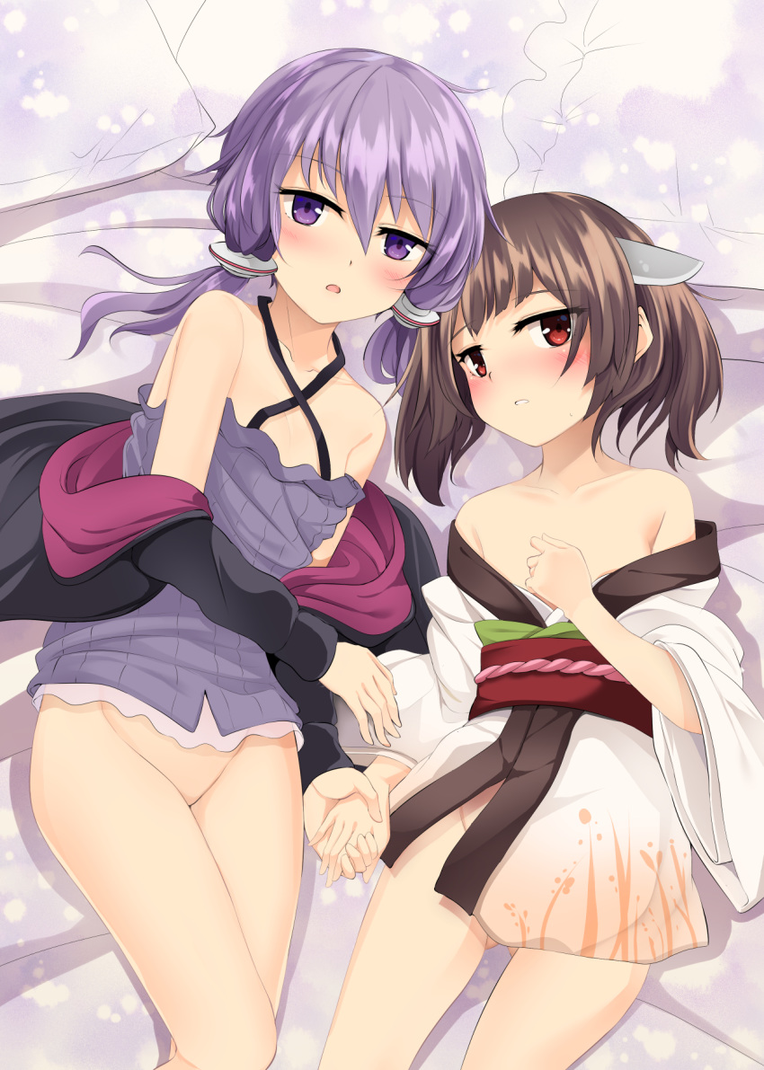 :o arai_togami ass_visible_through_thighs bangs bare_shoulders bed_sheet black_jacket blush brown_hair collarbone criss-cross_halter dress eyebrows_visible_through_hair flat_chest from_above groin hair_between_eyes hair_tubes halter_dress halterneck hand_on_own_chest highres holding_hands jacket japanese_clothes kimono kimono_pull long_sleeves lying multiple_girls no_panties off_shoulder on_back on_bed open_clothes open_jacket pillow purple_dress purple_eyes purple_hair red_eyes shiny shiny_hair short_dress short_hair_with_long_locks short_kimono sidelocks striped touhoku_kiritan vertical-striped_dress vertical_stripes vocaloid voiceroid white_kimono wide_sleeves yuzuki_yukari