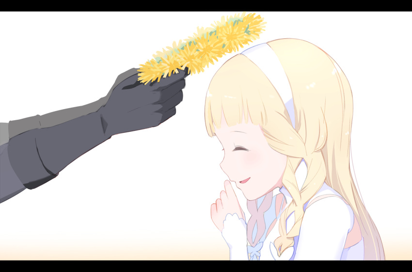 bangs black_gloves blonde_hair blunt_bangs blush braid dress elbow_gloves flower_wreath from_side gloves hair_ribbon hand_up head_wreath highres holding letterboxed long_hair long_sleeves maquia_(sayoasa) out_of_frame parted_lips putting_on_headwear ribbon ribbon_braid sayonara_no_asa_ni_yakusoku_no_hana_wo_kazarou shiny shiny_hair side_braid smile solo_focus twin_braids upper_body usuaji white_background white_dress white_ribbon