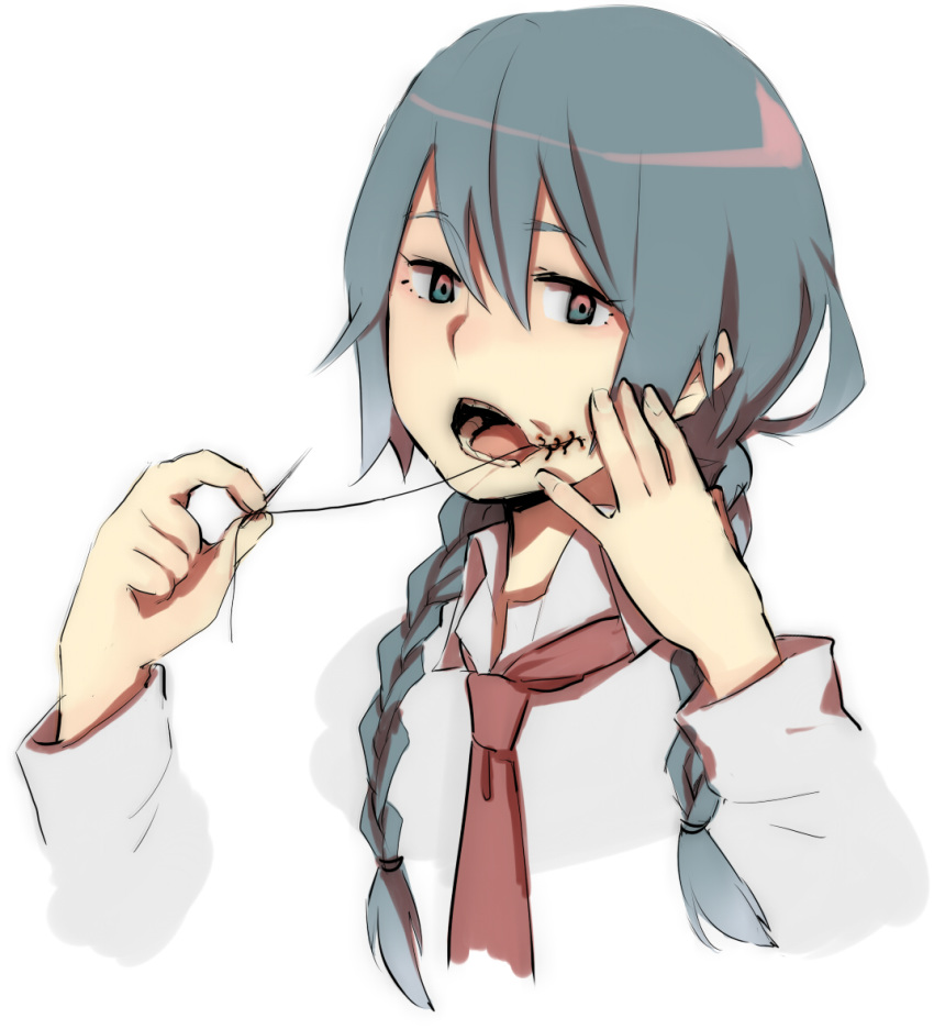 blue_eyes blue_hair braid collared_shirt commentary_request hair_between_eyes holding injury long_sleeves mii_(1994combo) necktie needle open_mouth original red_neckwear sewing sewing_needle shirt simple_background solo string teeth twin_braids upper_body white_background white_shirt