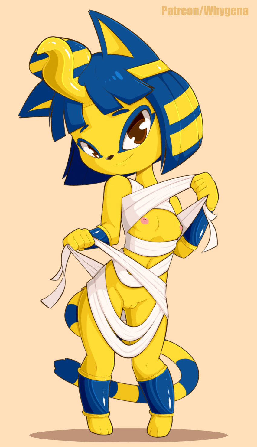 2018 animal_crossing ankha anthro areola breasts cat egyptian feline female hair hi_res looking_at_viewer mammal nintendo nipples pussy short_hair simple_background small_breasts smile solo video_games whygena wraps