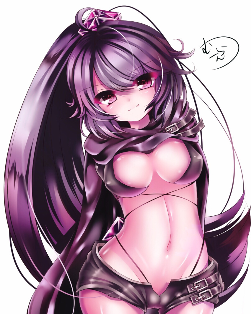 bad_id bad_pixiv_id black_cape black_hair black_shorts blush breasts cameltoe cape character_request cleavage closed_mouth commentary_request covered_nipples cowboy_shot hair_ornament high_ponytail highres large_breasts leaning_to_the_side long_hair looking_at_viewer muuran navel ponytail purple_eyes shironeko_project short_shorts shorts signature simple_background smile solo very_long_hair white_background