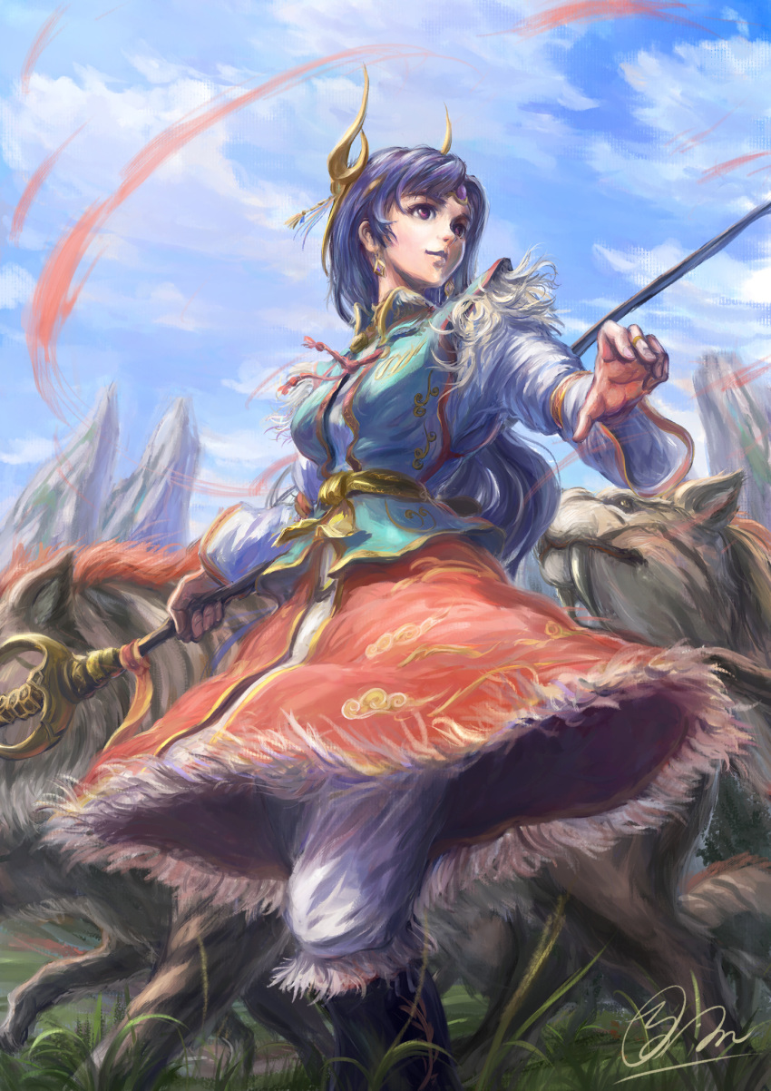 boots cloud commentary creature day fantasy from_below fur-trimmed_boots fur-trimmed_skirt fur_trim grass highres horns long_hair looking_to_the_side mountain original purple_eyes purple_hair shiki_makoto signature sky smile solo staff teeth texture tiara vest