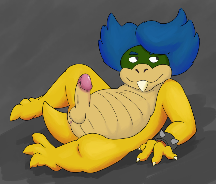 anthro anus balls blue_hair erection hair humanoid_penis karras koopa koopaling ludwig_von_koopa male mario_bros nintendo nude penis scalie simple_background solo video_games