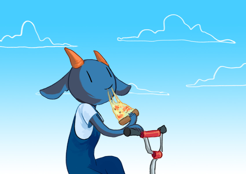 bicycle blue_fur caprine clothed clothing cloud cycling eating female food fur goat gradient_background hi_res horn mammal nan_(nq) nan_quest outside overalls papplemelon pizza simple_background sky smile solo