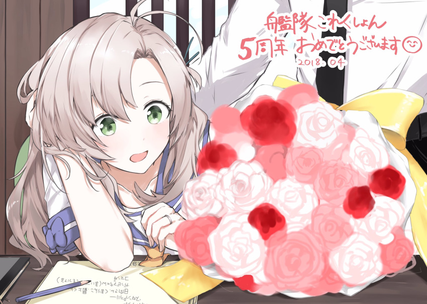 1girl 5 ahoge anniversary bangs blush bouquet collarbone commentary elbow_rest flower green_eyes hair_ornament hand_in_hair hand_on_another's_back hand_on_own_head highres jewelry kantai_collection kinugasa_(kantai_collection) long_hair messy_hair morinaga_miki number open_mouth pink_flower pink_hair pink_rose red_flower red_rose remodel_(kantai_collection) ribbon ring rose school_uniform serafuku side_ponytail sidelocks sitting smile translation_request wedding_band white_flower white_rose yellow_neckwear