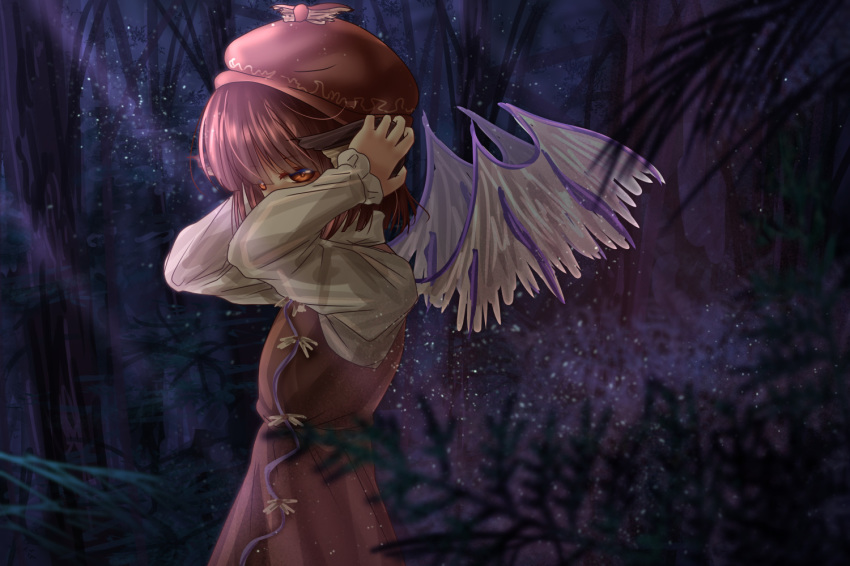 bangs bird_wings blunt_bangs blurry brown_dress covered_mouth covering_ears depth_of_field dress eyebrows_visible_through_hair feathered_wings forest from_side hat high_collar light_particles light_rays long_sleeves looking_at_viewer moonbeam moonlight mystia_lorelei nature night orange_eyes outdoors pinafore_dress pink_hair shirt short_hair shounen_(hogehoge) sideways_glance solo touhou upper_body white_shirt wings