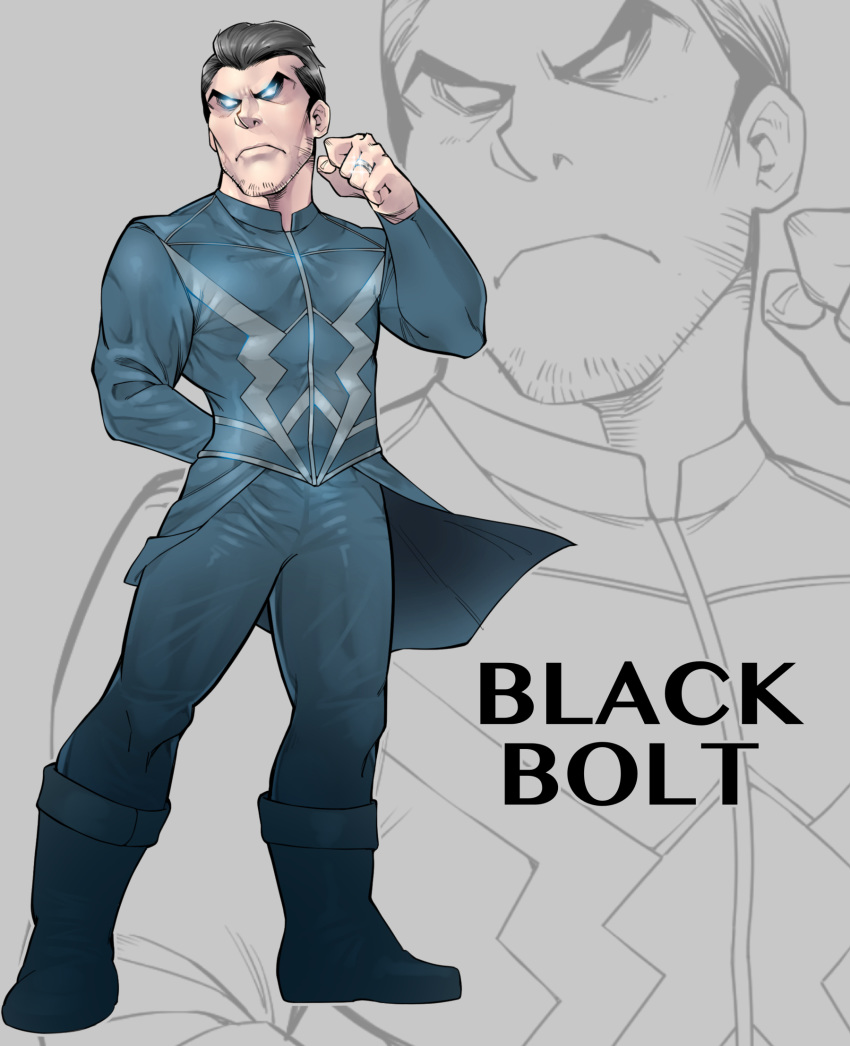 beard black_bolt_(marvel) blue_eyes bodysuit boots brown_hair character_name facial_hair glowing glowing_eyes grey_background highres inhumans jewelry male_focus marvel nakasone_god ring solo