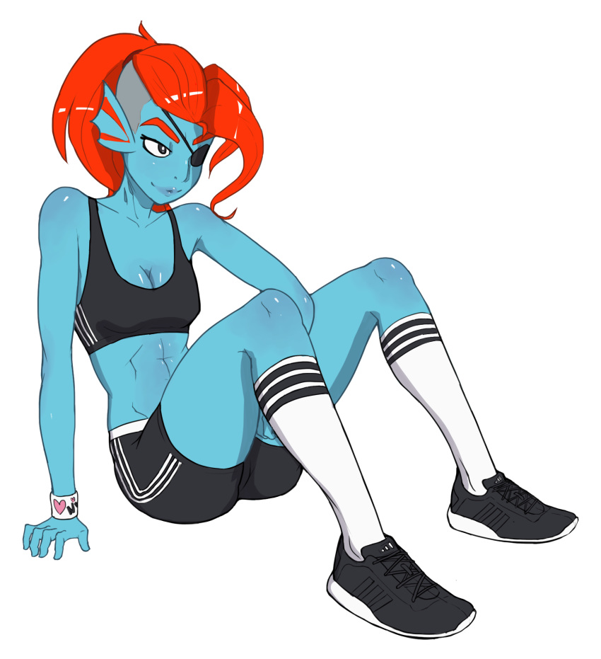 2016 abs anthro bra clothed clothing colored eye_patch eyewear female fish footwear hair hi_res marine miketheuser navel red_hair shoes shorts simple_background sitting smile solo sports_bra undertale underwear undyne video_games white_background