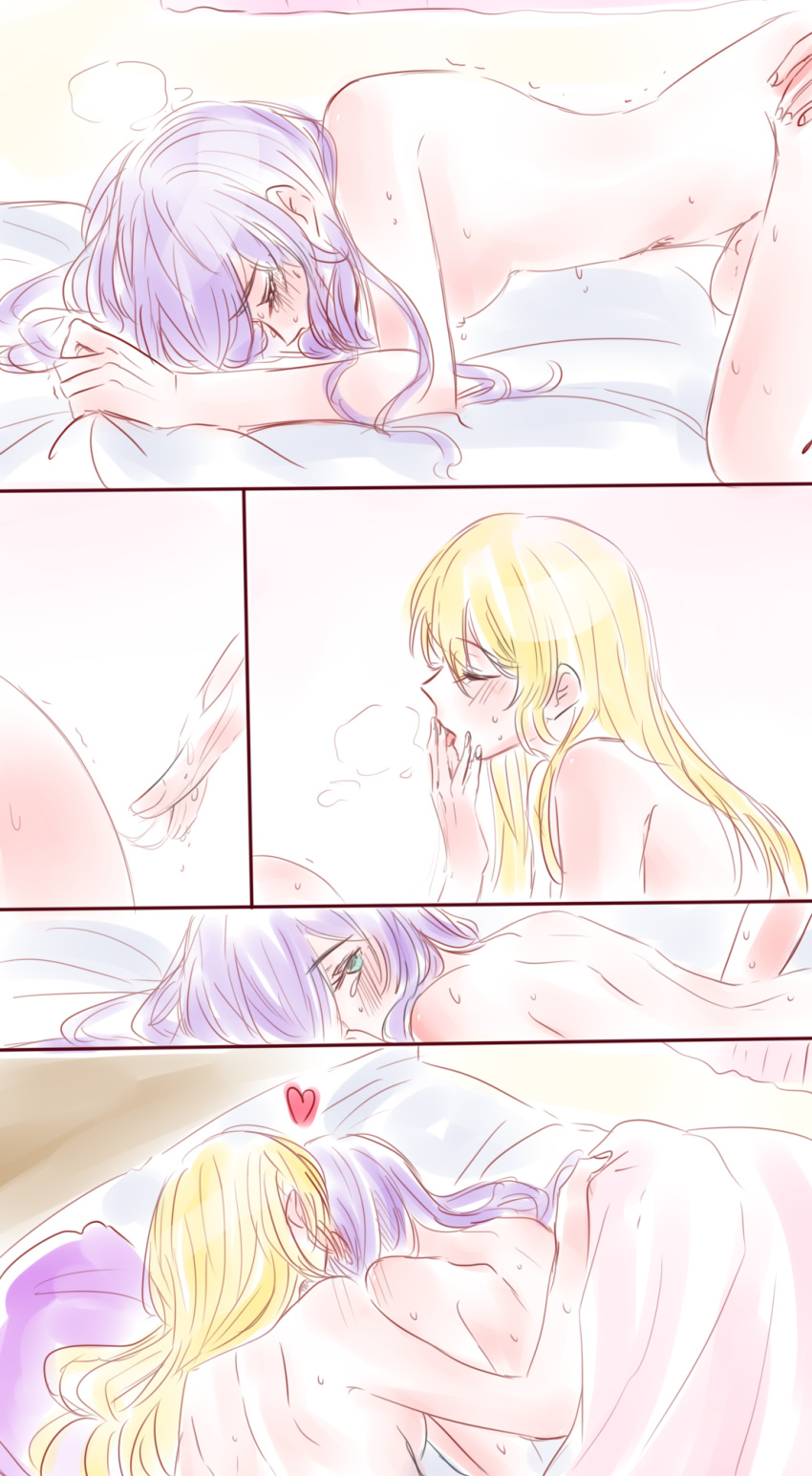 all_fours alternate_hairstyle ayase_eli blue_eyes blush breasts closed_eyes comic e_len finger_licking fingering from_above hair_down heart highres licking long_hair looking_back love_live! love_live!_school_idol_project medium_breasts multiple_girls nipples purple_hair pussy_juice sex sideboob sweat toujou_nozomi trembling under_covers yuri