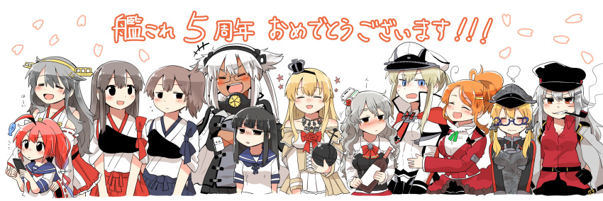 absurdres akagi_(kantai_collection) anniversary aquila_(kantai_collection) bangs bespectacled black_eyes blonde_hair blunt_bangs blush brown_hair cellphone closed_eyes commentary crown detached_sleeves drunk facial_scar gangut_(kantai_collection) glasses globus_cruciger graf_zeppelin_(kantai_collection) grey_hair hairband hakama_skirt haruna_(kantai_collection) hat hatsuyuki_(kantai_collection) highres holding_hands i-168_(kantai_collection) jacket_on_shoulders jewelry kaga_(kantai_collection) kantai_collection long_hair military military_uniform mini_crown mouth_hold multiple_girls muneate musashi_(kantai_collection) necklace peaked_cap phone pipe_in_mouth pola_(kantai_collection) prinz_eugen_(kantai_collection) rebecca_(keinelove) red_hair remodel_(kantai_collection) scar school_uniform serafuku simple_background smartphone uniform warspite_(kantai_collection) white_background