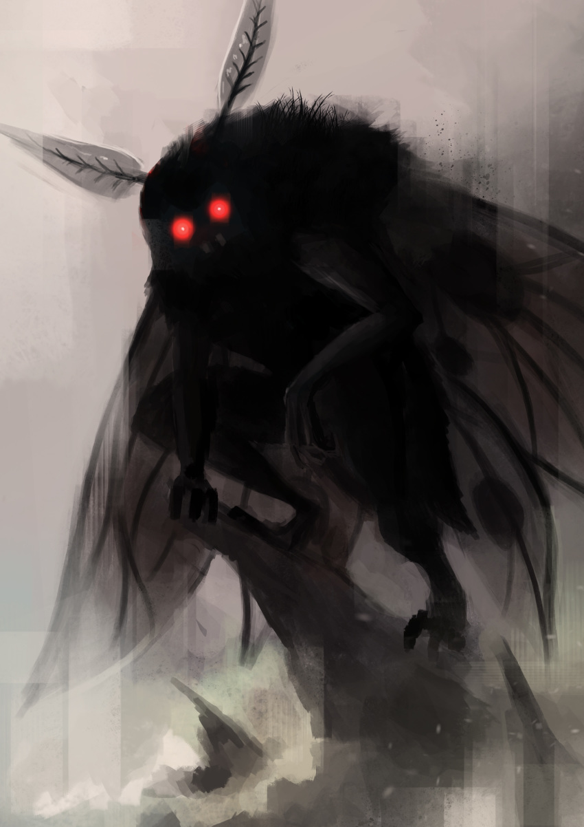 2017 ambiguous_gender antennae anthro arthropod crouching cryptid glowing glowing_eyes grey_background insect insect_wings looking_at_viewer moth mothman mothmandraws nude outside red_eyes rock simple_background solo wings