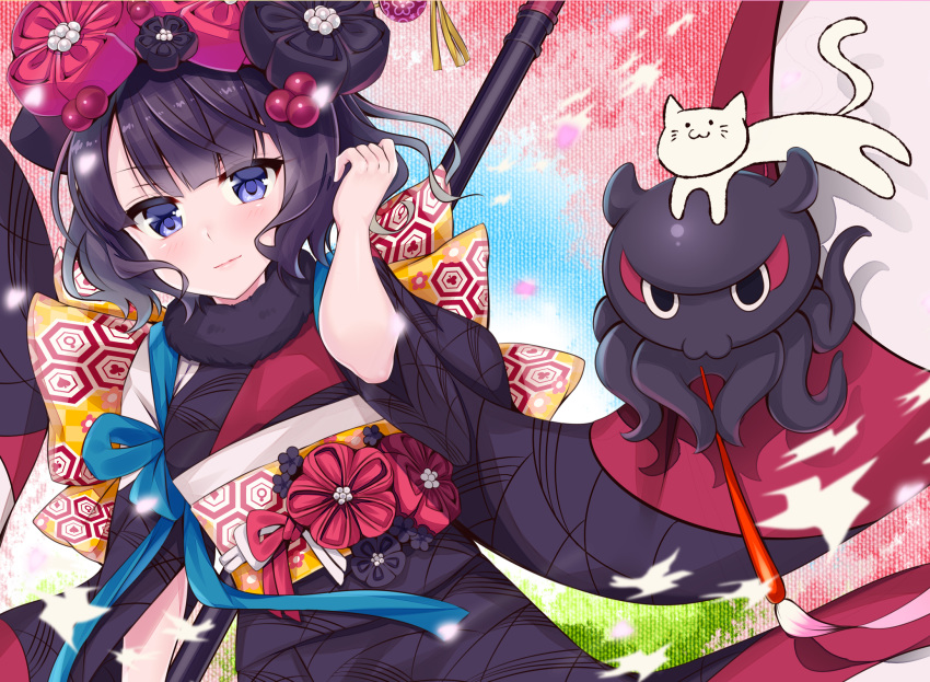 animal bangs black_hair black_kimono blush bow calligraphy_brush cat checkered checkered_bow closed_mouth commentary_request dutch_angle eyebrows_visible_through_hair fate/grand_order fate_(series) fur_collar hair_ornament highres holding holding_paintbrush japanese_clothes katsushika_hokusai_(fate/grand_order) kimono ko_yu light_smile long_sleeves obi octopus paintbrush purple_eyes sash solo tokitarou_(fate/grand_order) v-shaped_eyebrows wide_sleeves