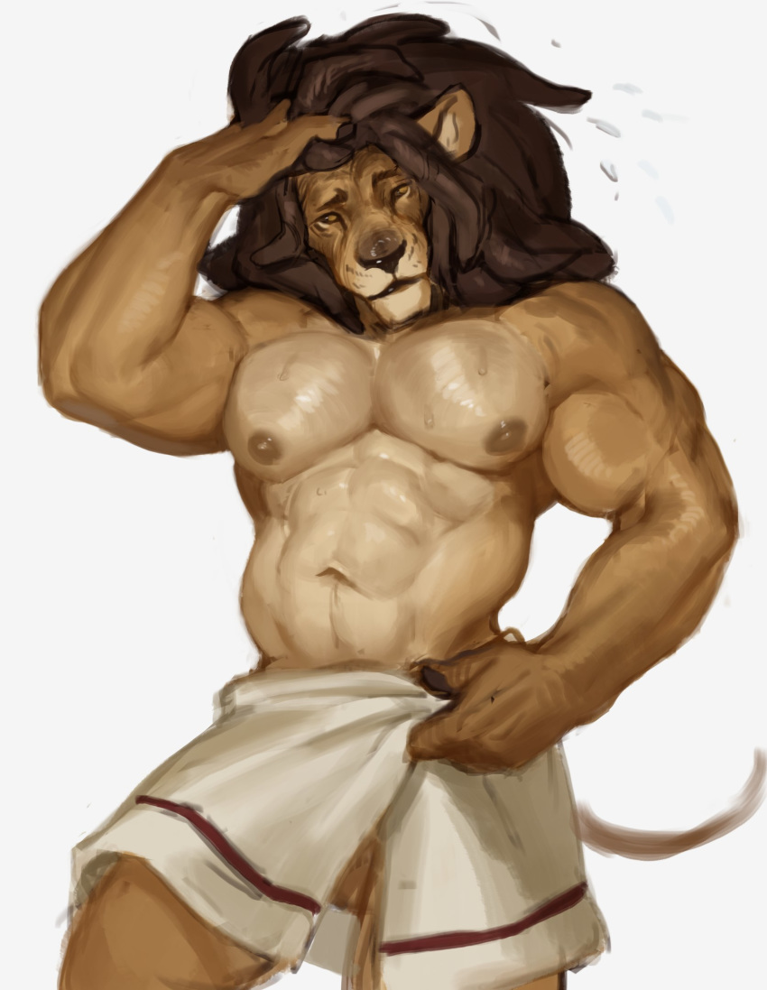 abs anthro colored_sketch feline hair kaptain_spicy lion male mammal muscular muscular_male pecs simple_background solo towel wet white_background