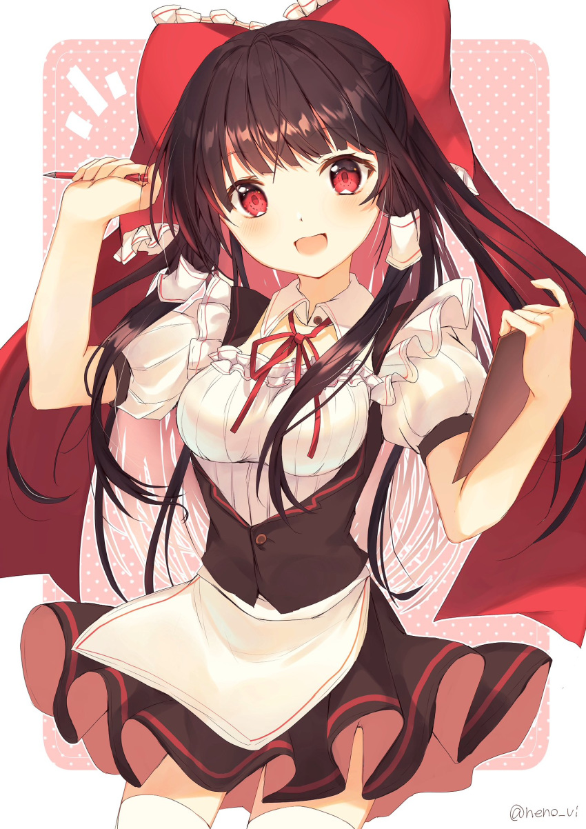 :d alternate_costume apron bangs black_hair blush bow breasts clipboard collar commentary detached_collar eyebrows_visible_through_hair frills hair_tubes hakurei_reimu highres holding holding_clipboard holding_pen long_hair nenobi_(nenorium) open_mouth pen puffy_short_sleeves puffy_sleeves red_bow red_eyes short_sleeves simple_background skirt smile solo thighhighs touhou twitter_username vest waist_apron waitress white_legwear