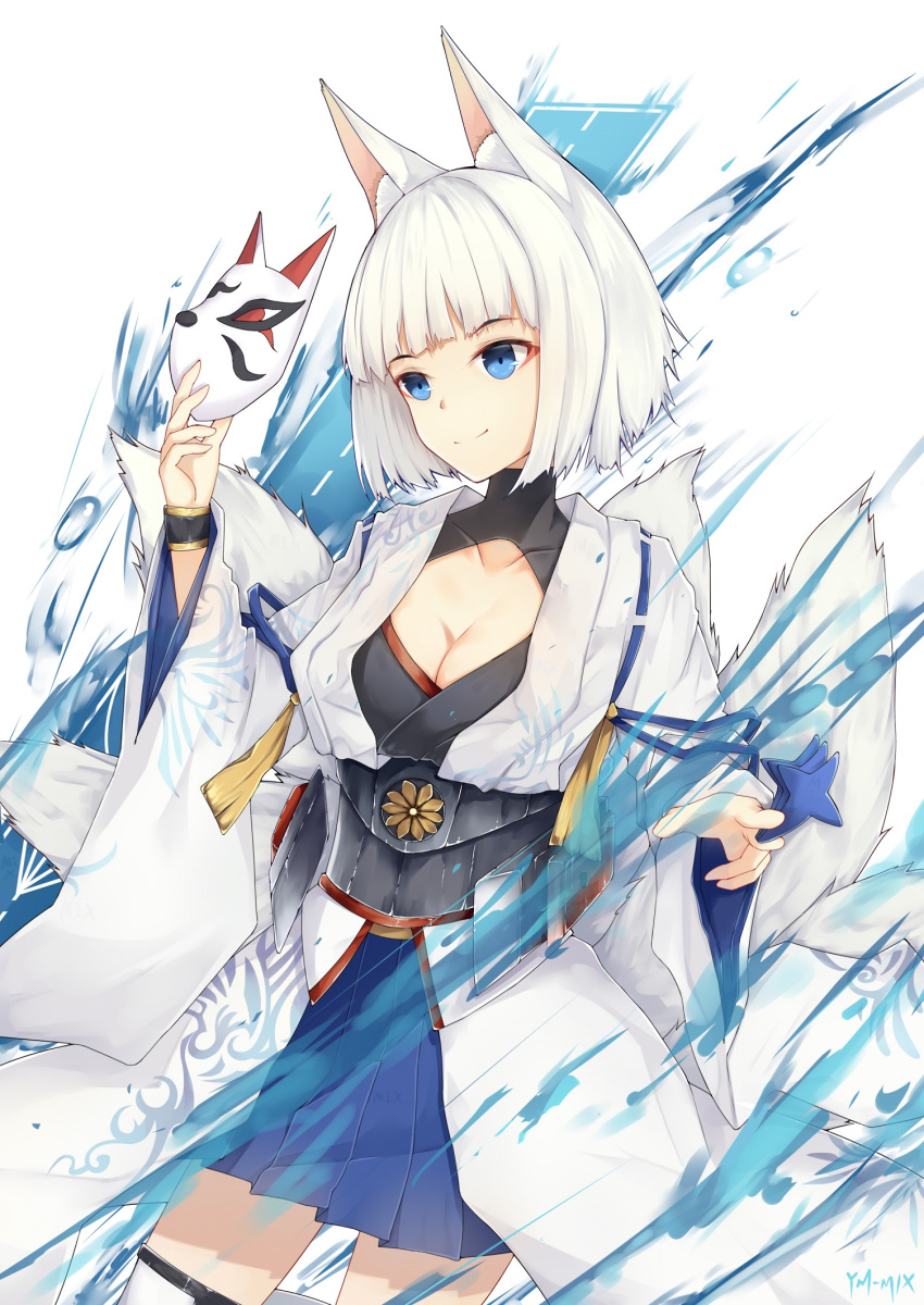 animal_ear_fluff animal_ears azur_lane bangs blue_eyes blunt_bangs breasts cleavage commentary_request eyebrows_visible_through_hair fox_ears fox_tail highres japanese_clothes kaga_(azur_lane) large_breasts mask multiple_tails short_hair skirt smile solo tail white_hair wide_sleeves yuuki_mix