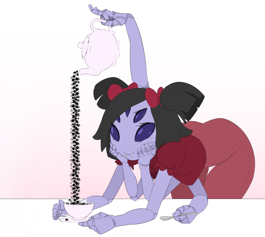 2015 anthro arachnid arthropod black_hair blue_eyes clothed clothing cup digital_media_(artwork) fangs female feral grey_skin group hair hair_bow hair_ribbon holding_object holding_spoon limebreaker muffet multi_eye multi_limb noseless pigtails ribbons smile solo_focus spider spoon tea_cup tea_pot undertale video_games
