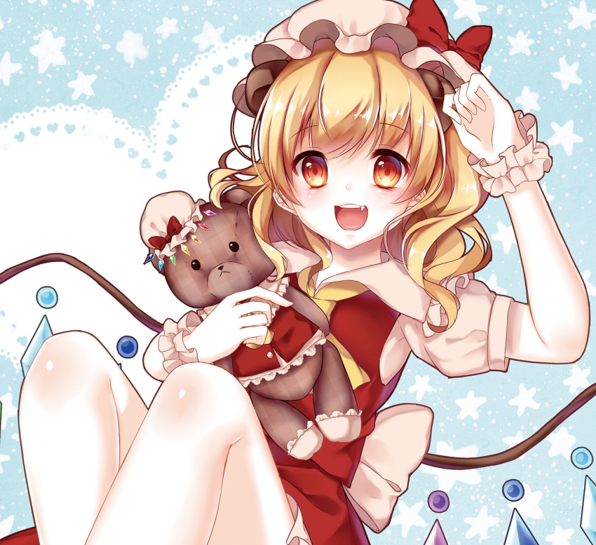 :d animal_ears bangs bear_ears blonde_hair blue_background body_blush bow collared_shirt commentary_request doll ear ears extra_ears eyebrows_visible_through_hair eyelashes fake_animal_ears fang feet_out_of_frame flandre_scarlet frilled_shirt_collar frilled_skirt frills gem hand_up hat hat_bow heart heart_background highres holding holding_doll looking_at_viewer medium_hair mini_hat mob_cap mumu-crown open_mouth puffy_short_sleeves puffy_sleeves red_bow red_skirt red_vest sash shiny shiny_hair shiny_skin shirt short_sleeves sitting skirt skirt_set smile solo star starry_background stuffed_animal stuffed_toy teddy_bear tongue touhou upper_teeth vest white_shirt white_skin wings wrist_cuffs yellow_eyes