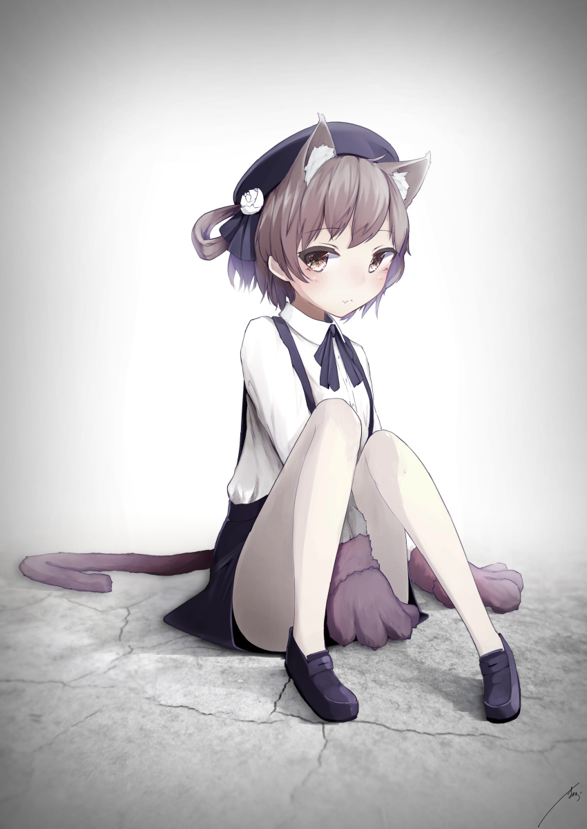 absurdres animal_ears bad_id bad_pixiv_id bangs beret black_footwear black_hat black_ribbon black_skirt blush brown_eyes cat_ears cat_tail covering covering_crotch extra_ears eyebrows_visible_through_hair fang flower gloves hair_rings hat hat_flower hatoba_tsugu hatoba_tsugu_(character) highres kemonomimi_mode knees_up light_brown_hair loafers long_sleeves looking_at_viewer mayogii neck_ribbon pantyhose paw_gloves paws ribbon shirt shoes short_hair signature sitting skirt solo suspender_skirt suspenders tail white_legwear white_shirt wing_collar