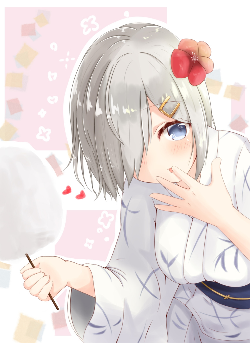 bangs blue_eyes blush breasts closed_mouth commentary_request cotton_candy eyebrows_visible_through_hair flower food hair_flower hair_ornament hair_over_one_eye hairclip hamakaze_(kantai_collection) heart highres holding holding_food japanese_clothes kantai_collection kimono large_breasts leaning_forward long_sleeves looking_at_viewer obi red_flower ridy_(ri_sui) sash short_hair silver_hair solo tongue tongue_out white_kimono wide_sleeves