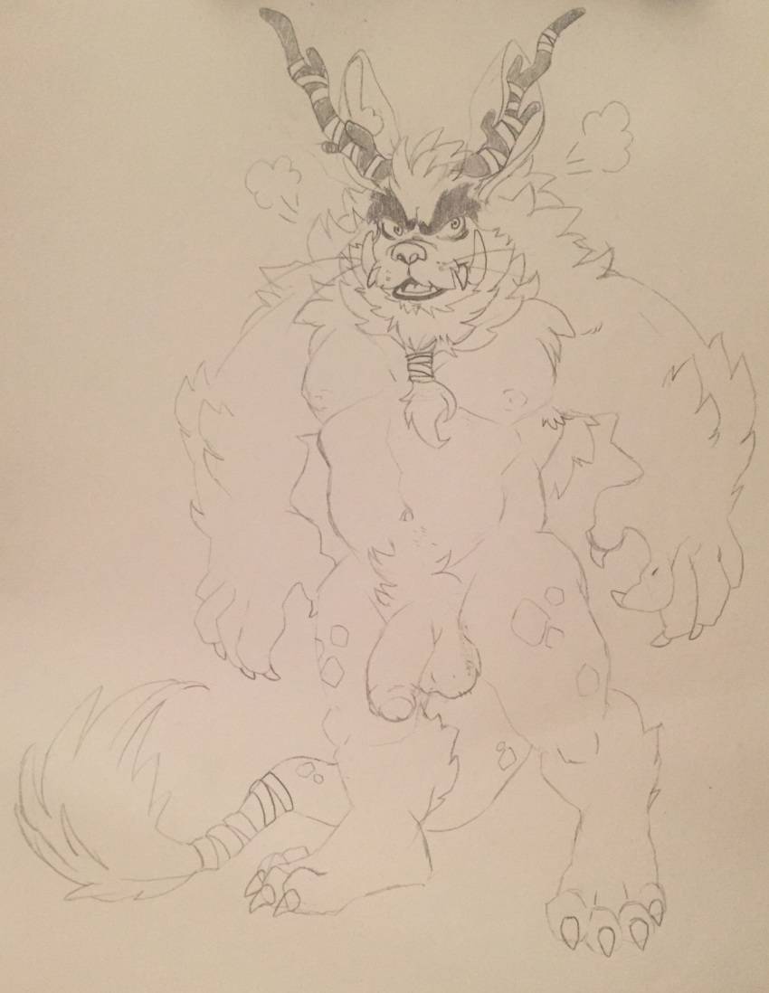 anthro balls beard celestial everbeast facial_hair flaccid front_view hi_res horn humanoid_penis looking_away male mammal monochrome monster moobs musclegut navel nipples nude open_mouth partially_retracted_foreskin pencil_(artwork) penis sketch solo standing traditional_media_(artwork) tusks uncut video_games