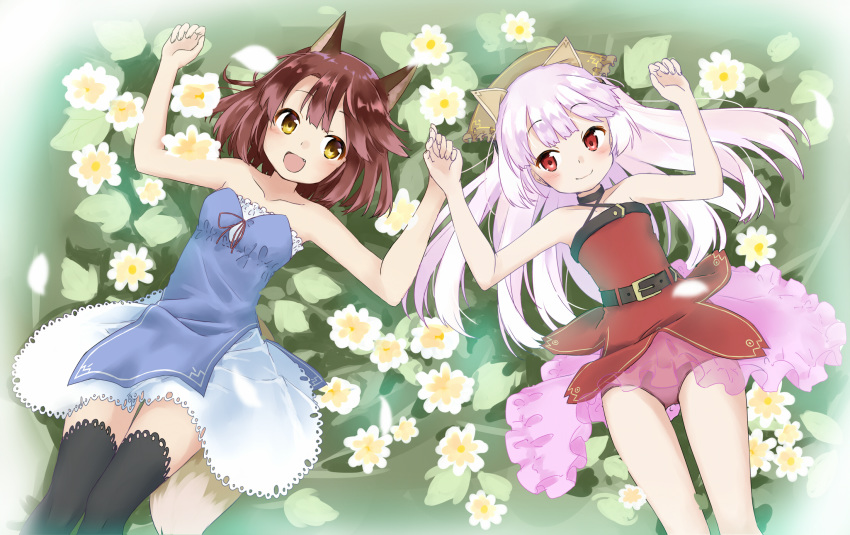 :d amane_rosylily animal_ears arms_up bangs bare_arms bare_shoulders black_choker black_legwear blush brown_eyes brown_hair brown_hat choker closed_mouth collarbone commentary_request criss-cross_halter day dress eyebrows_visible_through_hair fang fantasy fingernails fiola_ariete flower fox_ears fox_girl fox_tail halterneck hat highres holding_hands leotard long_hair multiple_girls on_ground open_mouth original outdoors pink_leotard red_dress red_eyes sekira_ame short_hair silver_hair smile strapless strapless_dress strapless_leotard tail thighhighs very_long_hair white_dress white_flower