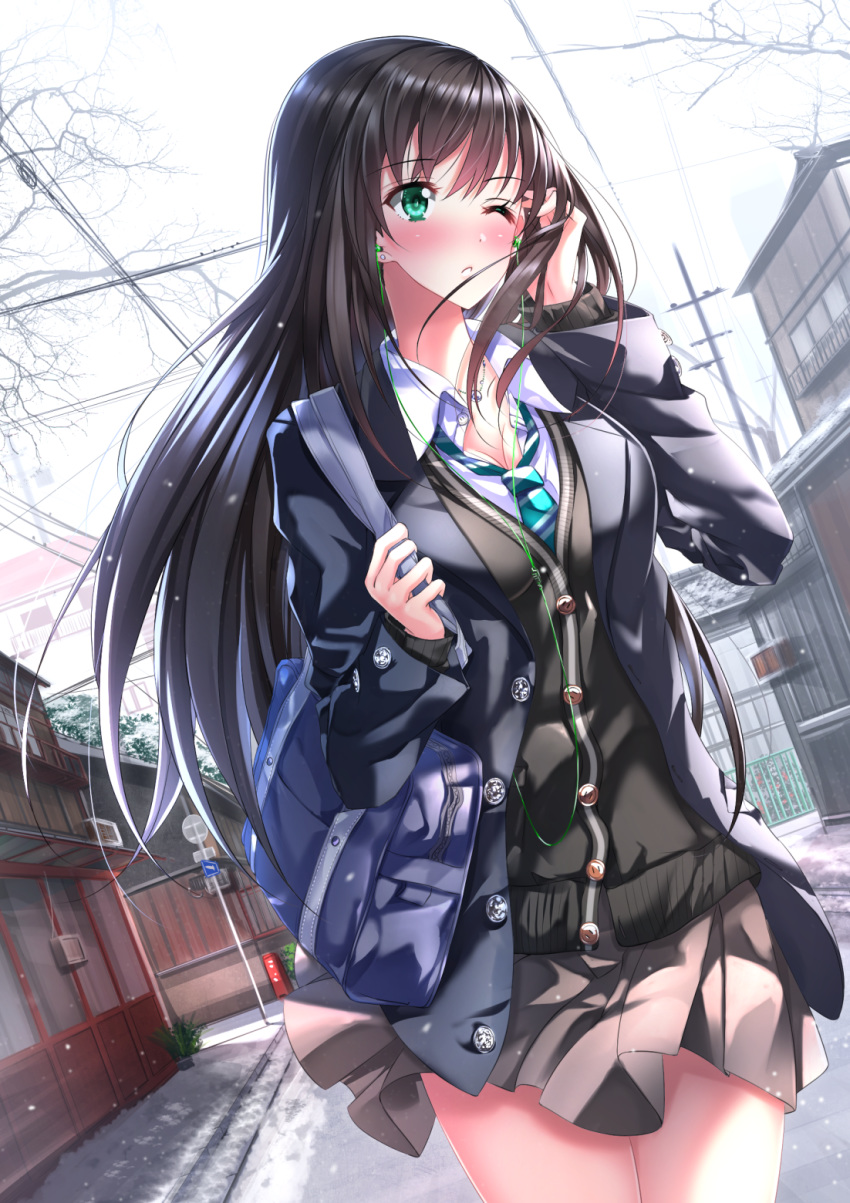 bag bangs black_cardigan black_hair black_jacket blazer blush breasts cardigan cleavage closed_mouth collared_shirt commentary_request cowboy_shot day diagonal_stripes dutch_angle earbuds earphones earrings eyebrows_visible_through_hair green_eyes green_neckwear grey_skirt hair_between_eyes hair_tucking highres holding idolmaster idolmaster_cinderella_girls jacket jewelry long_hair long_sleeves looking_away looking_to_the_side medium_breasts necklace necktie nose_blush one_eye_closed open_blazer open_clothes open_jacket outdoors pendant pleated_skirt power_lines road road_sign school_bag school_uniform shibuya_rin shirt sign skirt sky solo street striped striped_neckwear swordsouls telephone_pole very_long_hair white_shirt wind
