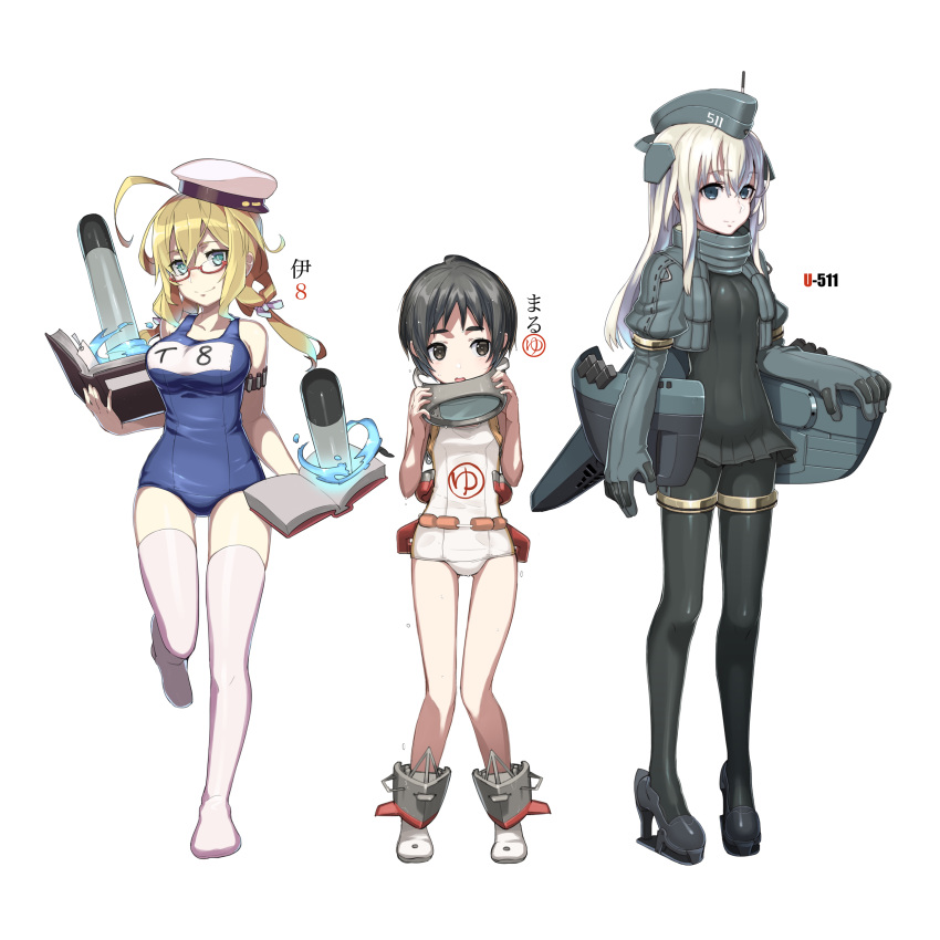 :o absurdres ahoge arm_strap black_hair blonde_hair blue_eyes bodysuit book bookmark breasts brown_eyes character_name closed_mouth cropped_jacket diving_mask eyebrows eyebrows_visible_through_hair full_body garrison_cap glasses green_eyes hat high_heels highres holding holding_book i-8_(kantai_collection) kantai_collection long_hair long_sleeves low_twintails machinery maru-yu_(kantai_collection) medium_breasts multiple_girls name_tag number old_school_swimsuit one-piece_swimsuit open_book puffy_long_sleeves puffy_sleeves red-framed_eyewear school_swimsuit semi-rimless_eyewear short_hair smile standing standing_on_one_leg swimsuit thighhighs tonami_kanji torpedo twintails u-511_(kantai_collection) under-rim_eyewear wet wet_hair white_background white_hair white_legwear white_school_swimsuit white_swimsuit