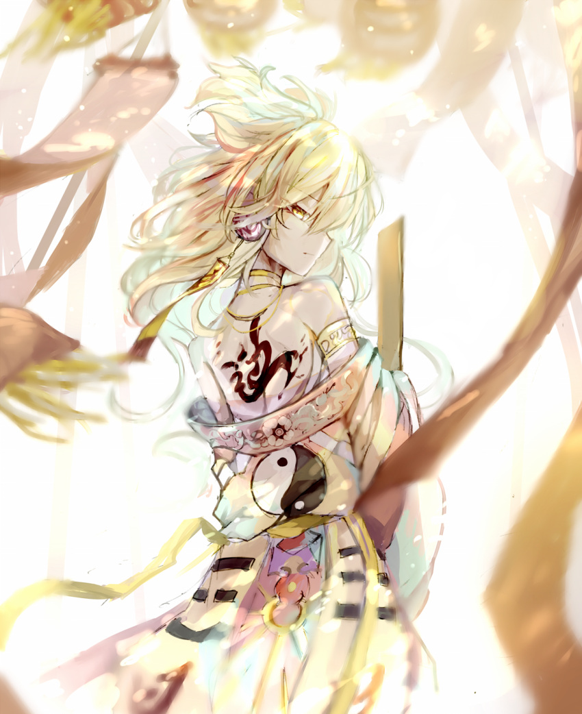 armlet back bare_shoulders blonde_hair closed_mouth earmuffs floating_hair floral_print from_behind highres huang_li_ling japanese_clothes looking_at_viewer looking_back off_shoulder pointy_hair profile ritual_baton solo standing tattoo touhou toyosatomimi_no_miko white_background wide_sleeves wind yellow_eyes yin_yang