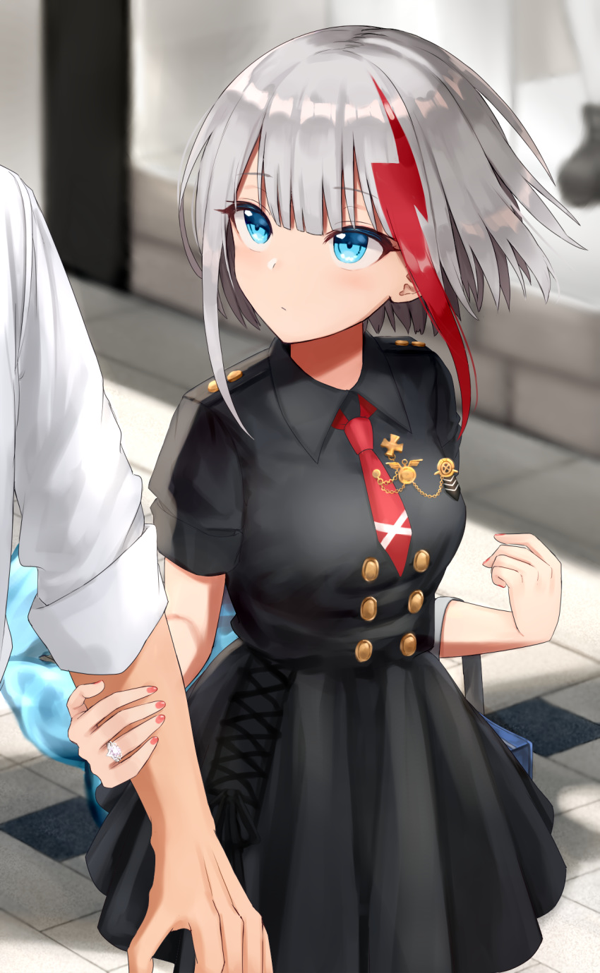 1girl admiral_graf_spee_(azur_lane) azur_lane bag bangs black_dress blue_eyes blush breasts buttons collared_dress commentary_request day dress eyebrows_visible_through_hair hand_on_another's_arm highres holding holding_bag jewelry kinokorec looking_at_another medal multicolored_hair nail_polish necktie outdoors red_hair red_nails ring scarf short_hair short_sleeves sidelocks silver_hair sleeves_rolled_up small_breasts streaked_hair wedding_ring