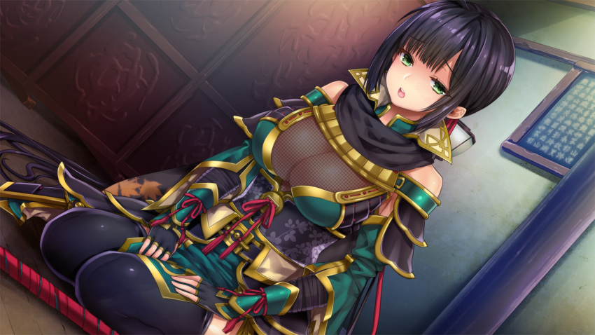 1girl armor bare_shoulders black_hair black_legwear blush breasts cleavage dutch_angle fishnets game_cg green_eyes hair_intakes highres indoors japanese_clothes kan'u_unchou_(sangoku_hime) katana kneeling large_breasts legs long_hair looking_at_viewer obi parted_lips sangoku_hime sangoku_hime_3 scarf solo sword thighhighs thighs unicorn-a very_long_hair