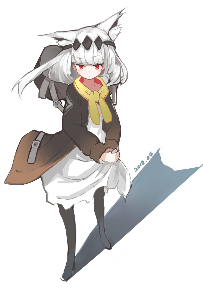 absurdres animal_ears bad_id bad_pixiv_id bangs black_footwear black_jacket boots dated dress eyebrows_visible_through_hair fox_ears high_heel_boots high_heels highres jacket long_hair long_sleeves mitu_yang original red_eyes scarf silver_hair sketch skirt_hold solo standing white_background white_dress yellow_scarf