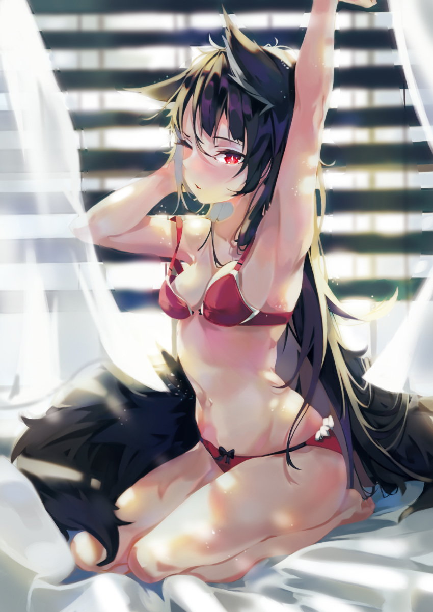 absurdres animal_ears armpits arms_up backlighting bare_legs barefoot bed_sheet black_hair blush bokujuu bra breasts bright_pupils cleavage collarbone day fox_ears fox_tail highres indoors kitsune legs_together long_hair looking_at_viewer medium_breasts navel nose_blush on_bed one_eye_closed original panties parted_lips red_bra red_eyes red_panties seiza sitting smile solo stomach strap_slip stretch sunlight tail tsurime underwear underwear_only very_long_hair waking_up
