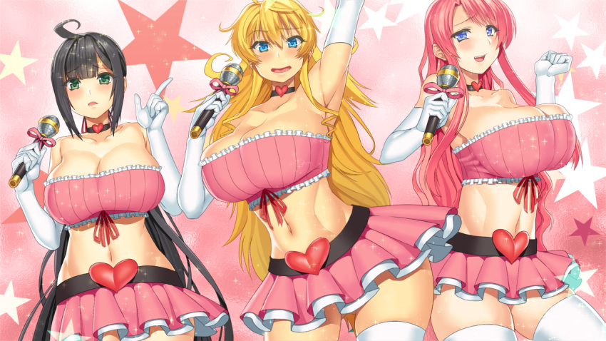 3girls ahoge arm_up armpits bare_shoulders black_hair blonde_hair blue_eyes blush breasts choker cleavage elbow_gloves game_cg gengan_(sengoku_hime) gloves green_eyes highres holding holding_microphone huge_breasts impossible_clothes index_finger_raised kan'u_unchou_(sangoku_hime) kouchuu_kanshou_(sangoku_hime_3) large_breasts legs long_hair looking_at_viewer microphone midriff miniskirt multiple_girls navel open_mouth parted_lips pink_clothes pink_hair pink_skirt sangoku_hime sangoku_hime_3 sidelocks simple_background singing skirt smile standing stars thighhighs thighs tubetop unicorn-a white_gloves white_legwear zettai_ryouiki