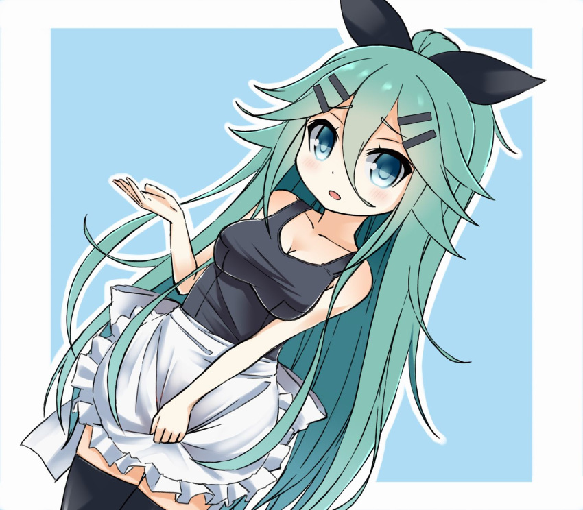 :d alternate_costume apron bangs black_legwear blue_eyes breasts cleavage commentary green_hair hair_between_eyes hair_ornament hair_ribbon hairclip highres kantai_collection long_hair looking_at_viewer one-piece_swimsuit open_mouth ribbon school_swimsuit smile soba_(sobaya1938) solo swimsuit thighhighs yamakaze_(kantai_collection) zettai_ryouiki
