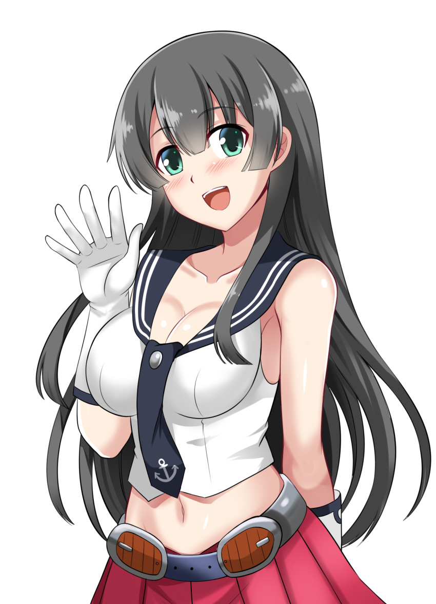 :d agano_(kantai_collection) aqua_eyes bangs black_hair breasts cleavage collarbone gloves highres kantai_collection long_hair looking_at_viewer navel open_mouth pleated_skirt school_uniform serafuku simple_background skirt smile solo the-sinner waving white_background white_gloves