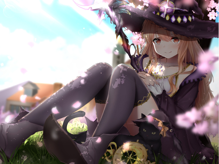 :q against_tree bangs black_cat black_dress black_footwear black_hat black_legwear blue_sky blurry blurry_background blurry_foreground blush brown_hair cat cherry_blossoms cloud collarbone dappled_sunlight day depth_of_field dorothy_(shingeki_no_bahamut) dress eyebrows_visible_through_hair eyes_visible_through_hair falling_petals gem grass hair_between_eyes hat hat_ribbon highres holding holding_staff house jewelry karu_(qqqtyann) knees_up laces long_hair long_sleeves looking_at_viewer necklace orange_ribbon petals pointy_shoes red_eyes ribbon shadowverse shoes sidelocks sitting sky smile staff sunlight thighhighs tongue tongue_out tree tree_shade window witch witch_hat yellow_sclera
