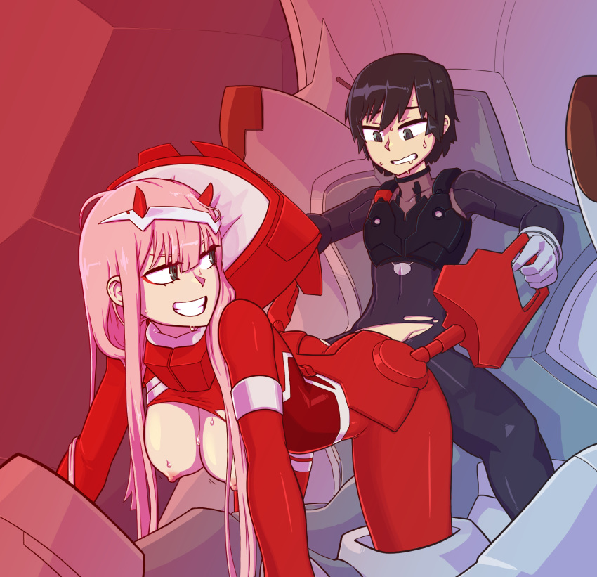 1girl black_hair blue_eyes breasts commentary commission couple covered_nipples darling_in_the_franxx english_commentary green_eyes highres hiro_(darling_in_the_franxx) horns large_breasts long_hair looking_back nipples pilot_suit pink_hair sweat tenk zero_two_(darling_in_the_franxx)