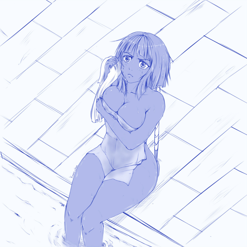 1girl bangs bleach breast_hold breasts closed_mouth collarbone covering drawing eyebrows_visible_through_hair from_above highres hips krmn-chan looking_up medium_breasts monochrome navel see-through short_hair simple_background sitting sketch solo sui-feng sweatdrop towel water wet wet_towel white_towel