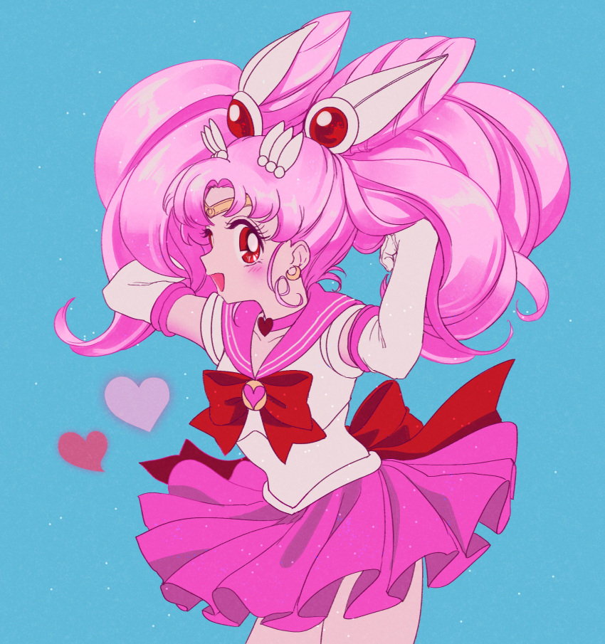 :d back_bow bishoujo_senshi_sailor_moon blue_background blush bow chibi_usa choker circlet cowboy_shot crescent crescent_earrings double_bun earrings hair_ornament hair_tousle hairpin heart heart_choker highres jewelry kisumi_rei long_hair looking_at_viewer open_mouth pink_hair pink_neckwear pink_sailor_collar pink_skirt pleated_skirt red_bow red_eyes sailor_chibi_moon sailor_collar simple_background skirt smile solo twintails