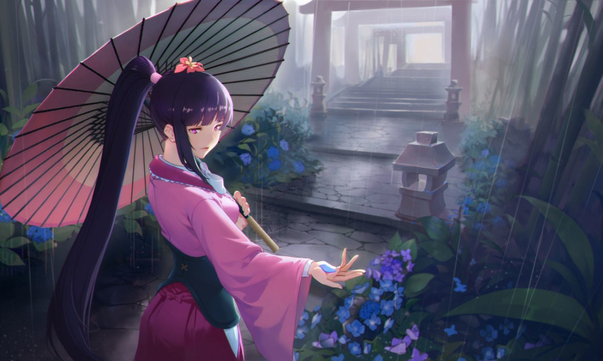 backlighting bangs blunt_bangs breasts commentary_request flower from_behind hakama highres hip_vent japanese_clothes koutetsujou_no_kabaneri long_hair looking_at_viewer looking_back nfb-zmc oriental_umbrella outstretched_hand petals pink_eyes ponytail purple_hair rain sidelocks solo torii umbrella very_long_hair wide_sleeves yomogawa_ayame